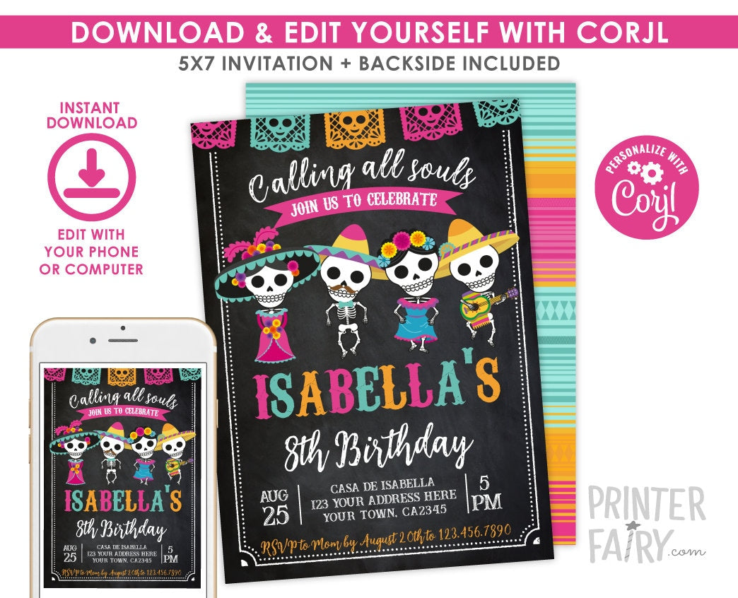 Day of the Dead Birthday Invitation, Editable Dia de los Muertos Party (INSTANT DOWNLOAD)