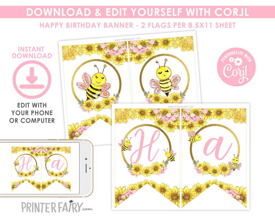 Bee Birthday Banner, Sunflower Bunting, Editable Printable (Instant Download)