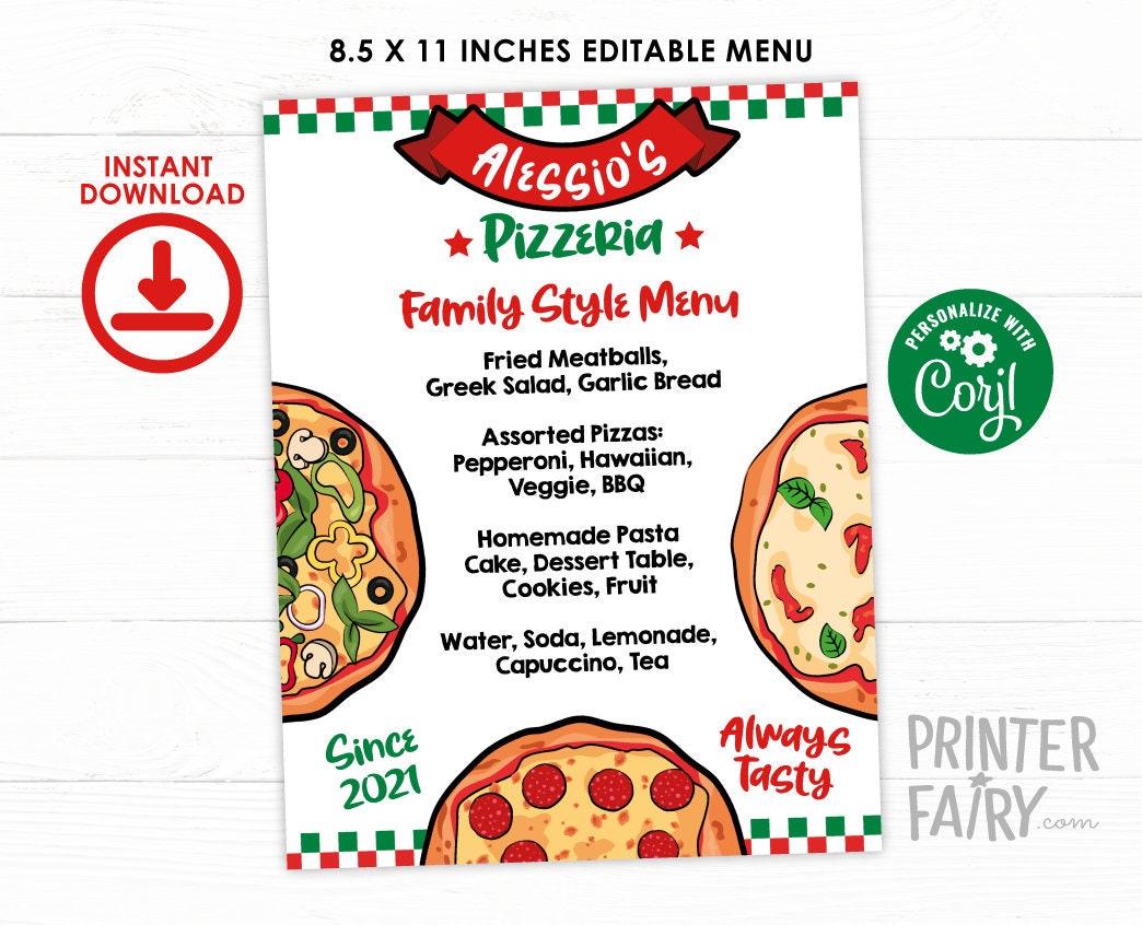 Pizza Birthday Party Menu Sign, Editable Restaurant Menu (Instant Download)