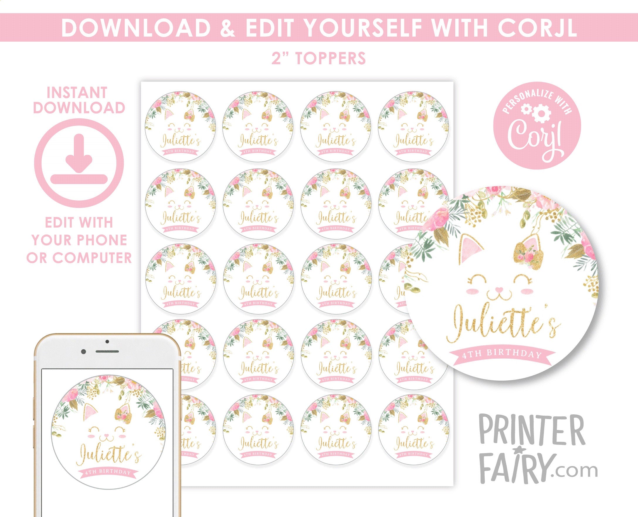 Floral Kitty Birthday Toppers, Editable Thank You Tag (Instant Download)