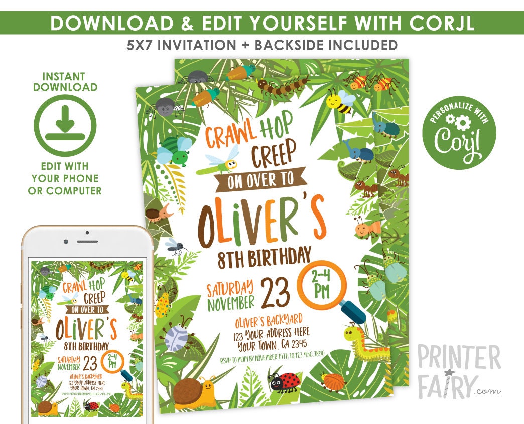 Bugs Birthday Invitation, Creepy Crawly Party, Editable Digital Invite (INSTANT DOWNLOAD)
