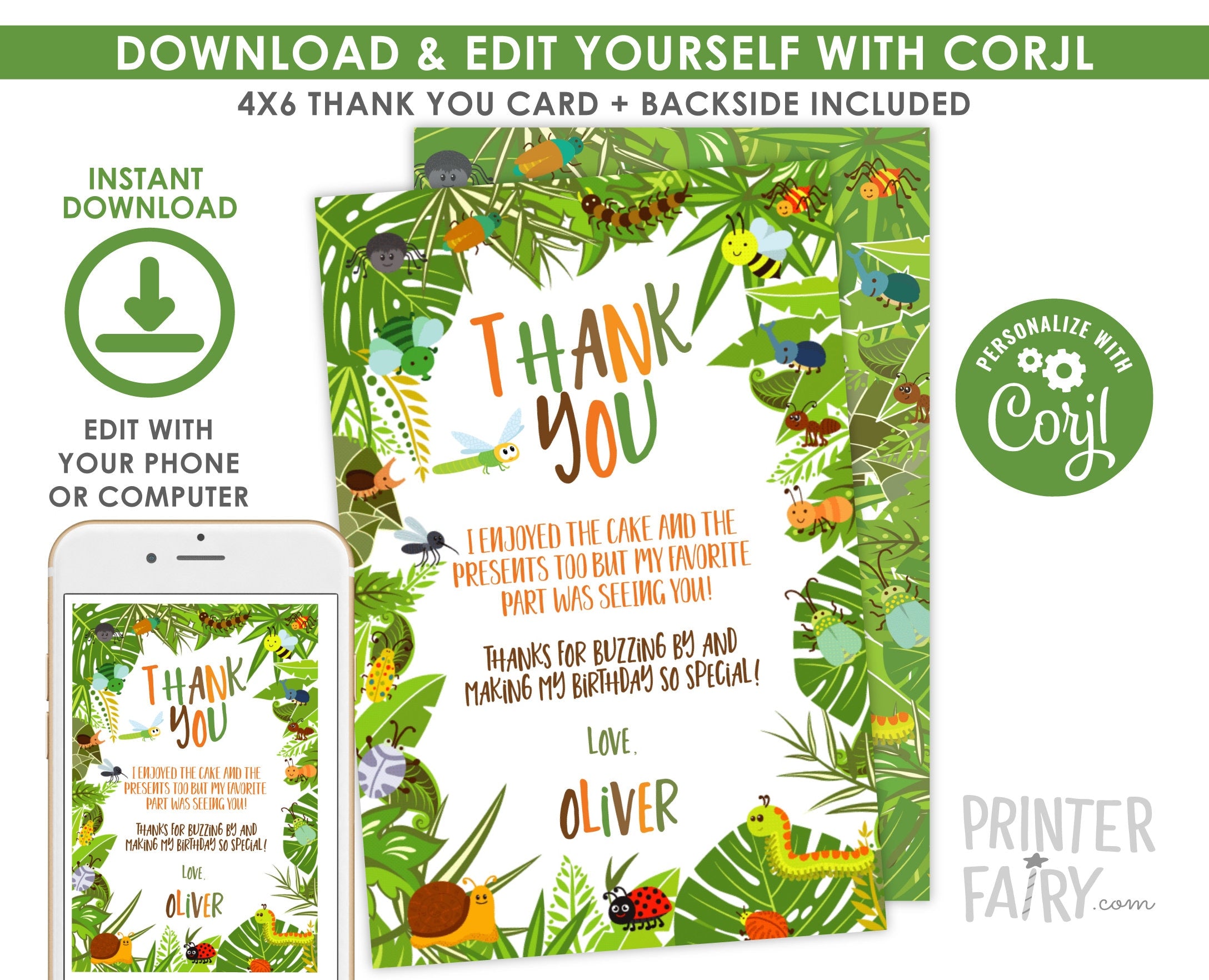 Bugs Birthday Thank You Cards, Insect Party, EDITABLE (Instant Download)