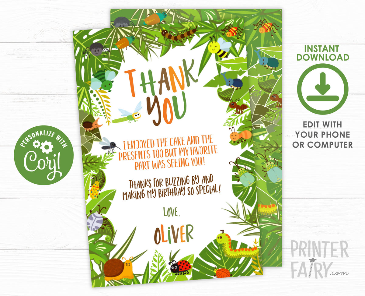 Bugs Birthday Thank You Cards, Insect Party, EDITABLE (Instant Download)