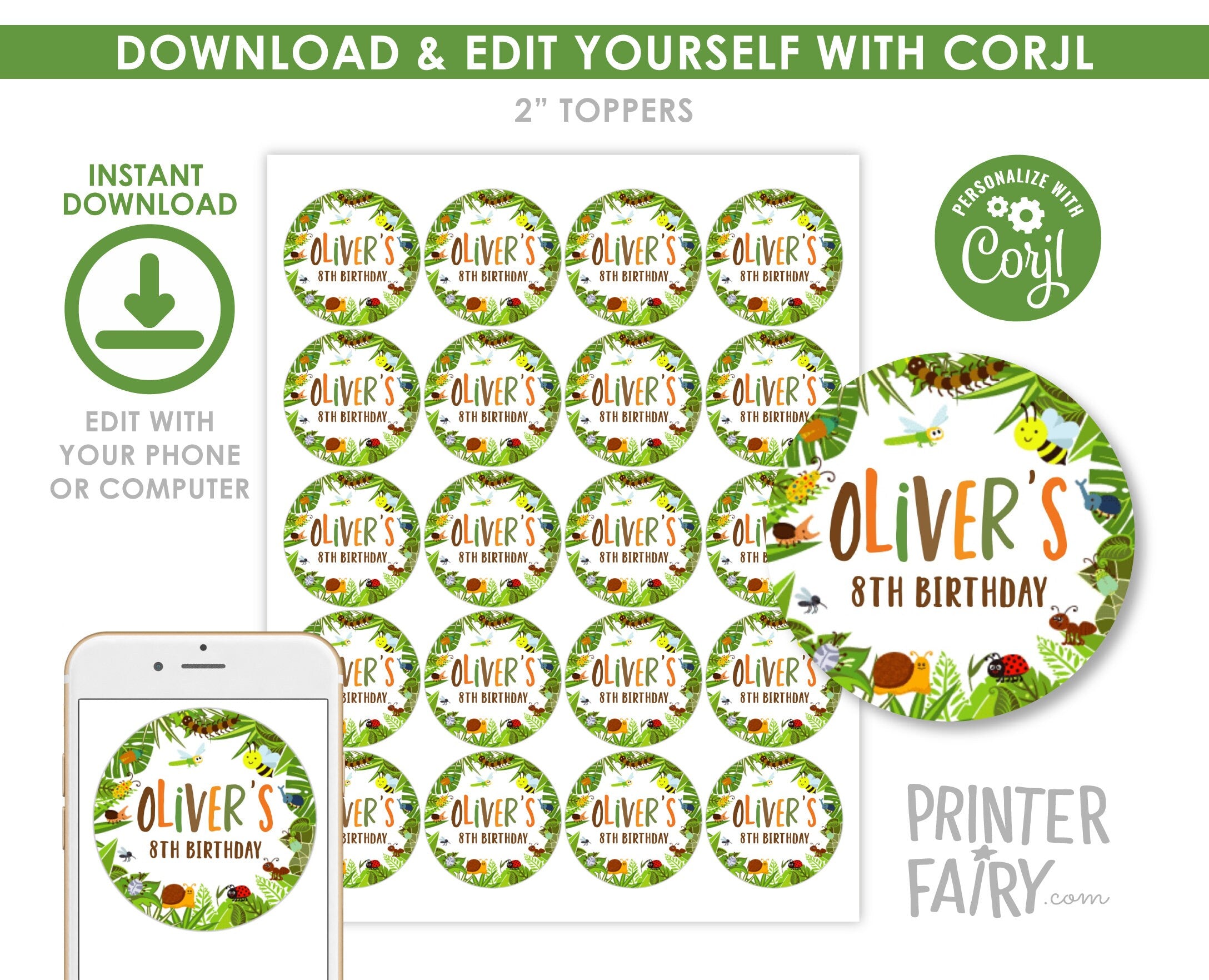 Bug Birthday Party Theme Toppers Round Tags Editable Template, Instant Download