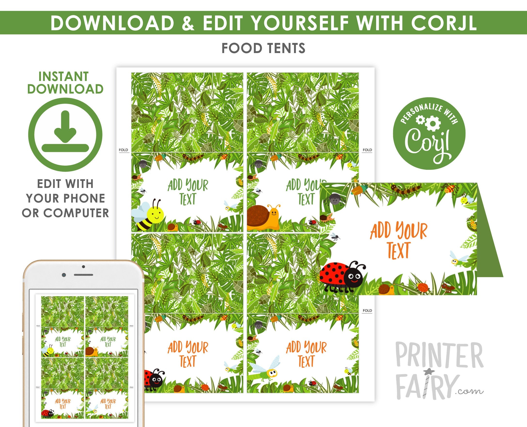 Bug Creepy Crawlers Food Tent Cards Printable Editable Label Template, Instant Download