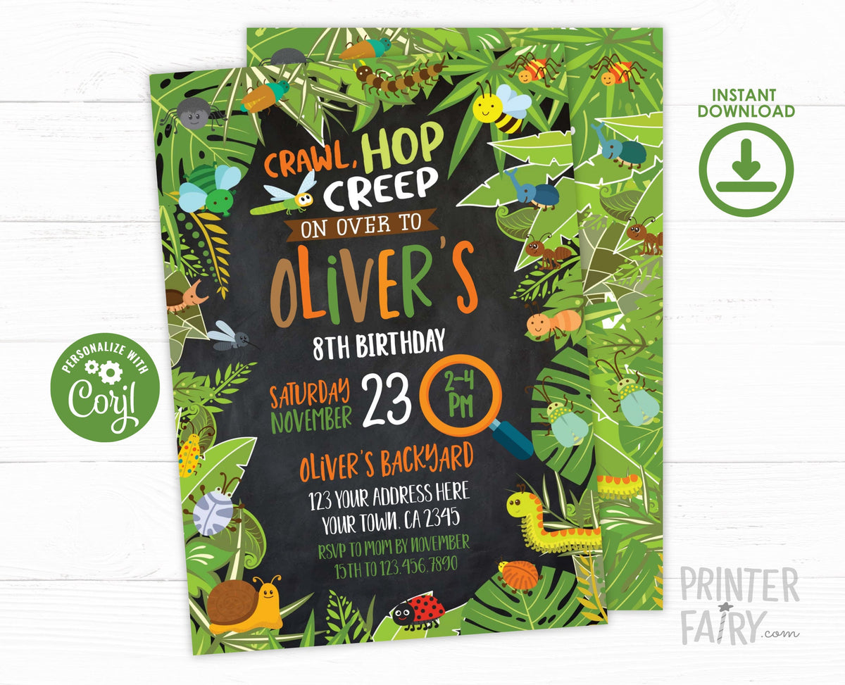 Bugs Birthday Invitation, Creepy Crawly Party, Editable Digital Invite