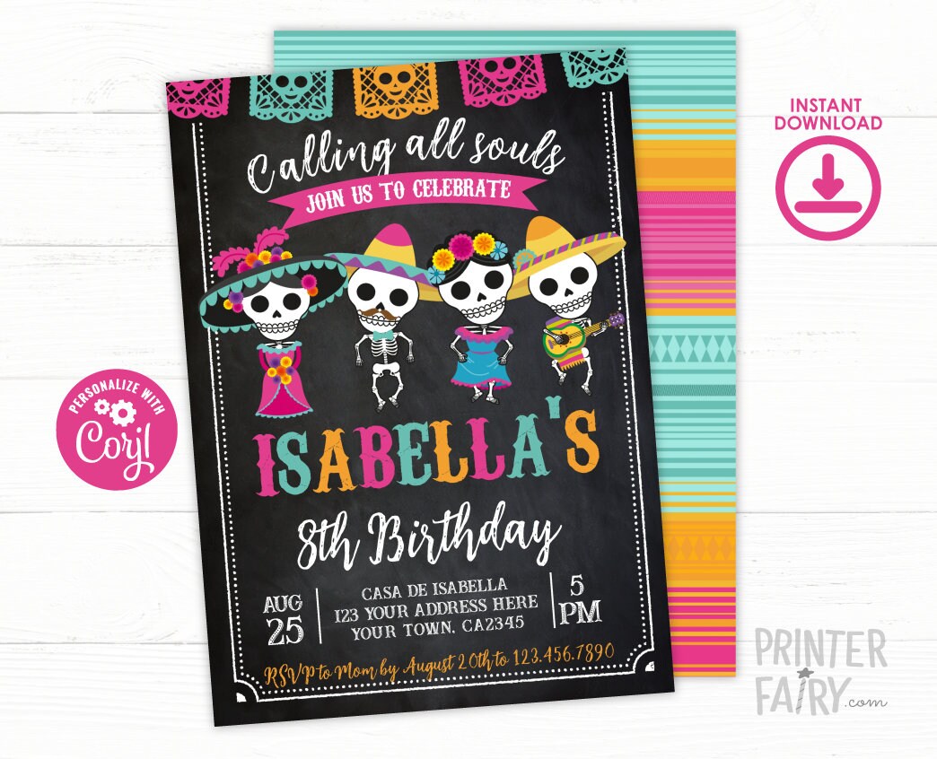 Day of the Dead Birthday Invitation, Editable Dia de los Muertos Party (INSTANT DOWNLOAD)