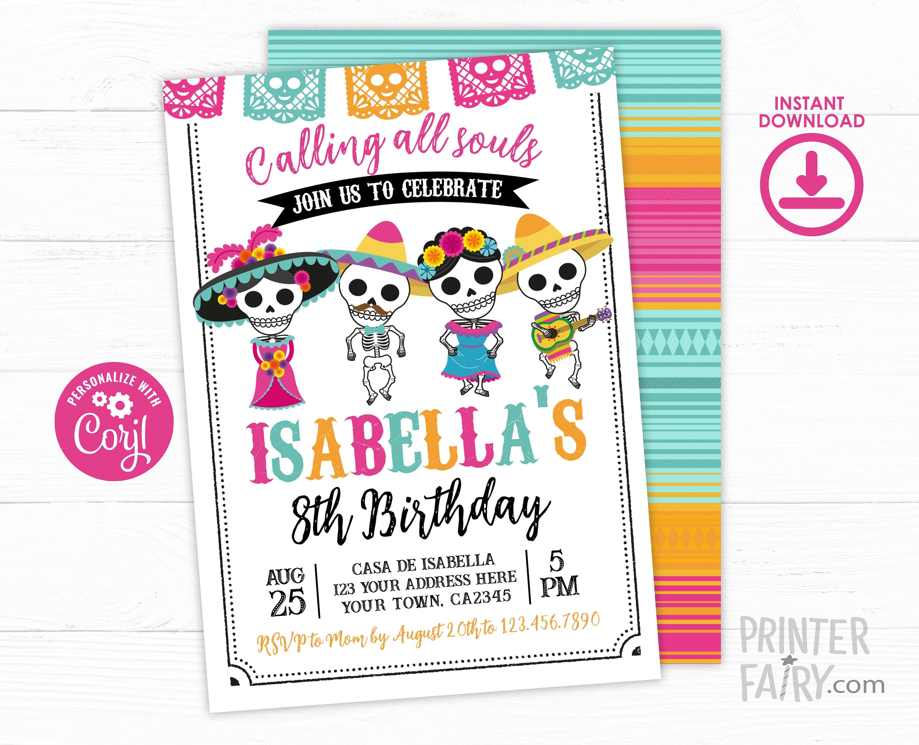 Day of the Dead Birthday Invitation, EDITABLE, Mexican Party (Instant Download)