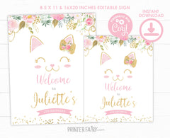 Floral Kitty Welcome Sign, Editable Birthday Party Decor (Instant Download)