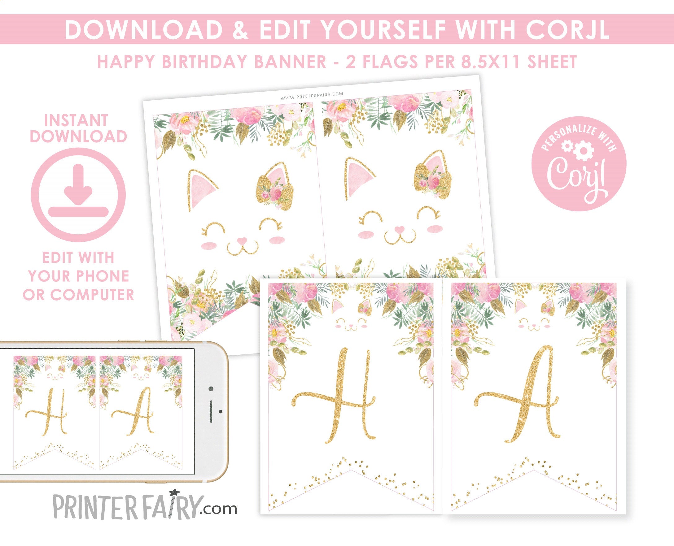 Floral Kitty Cat Birthday Banner Editable Template, INSTANT DOWNLOAD