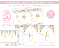 Floral Kitty Cat Birthday Banner Editable Template, INSTANT DOWNLOAD