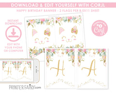 Floral Kitty Cat Birthday Banner Editable Template, INSTANT DOWNLOAD