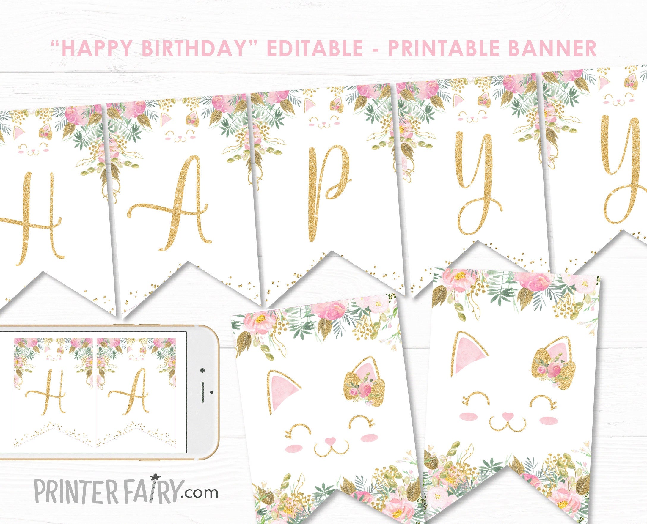 Floral Kitty Cat Birthday Banner Editable Template, INSTANT DOWNLOAD