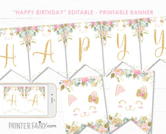 Floral Kitty Cat Birthday Banner Editable Template, INSTANT DOWNLOAD