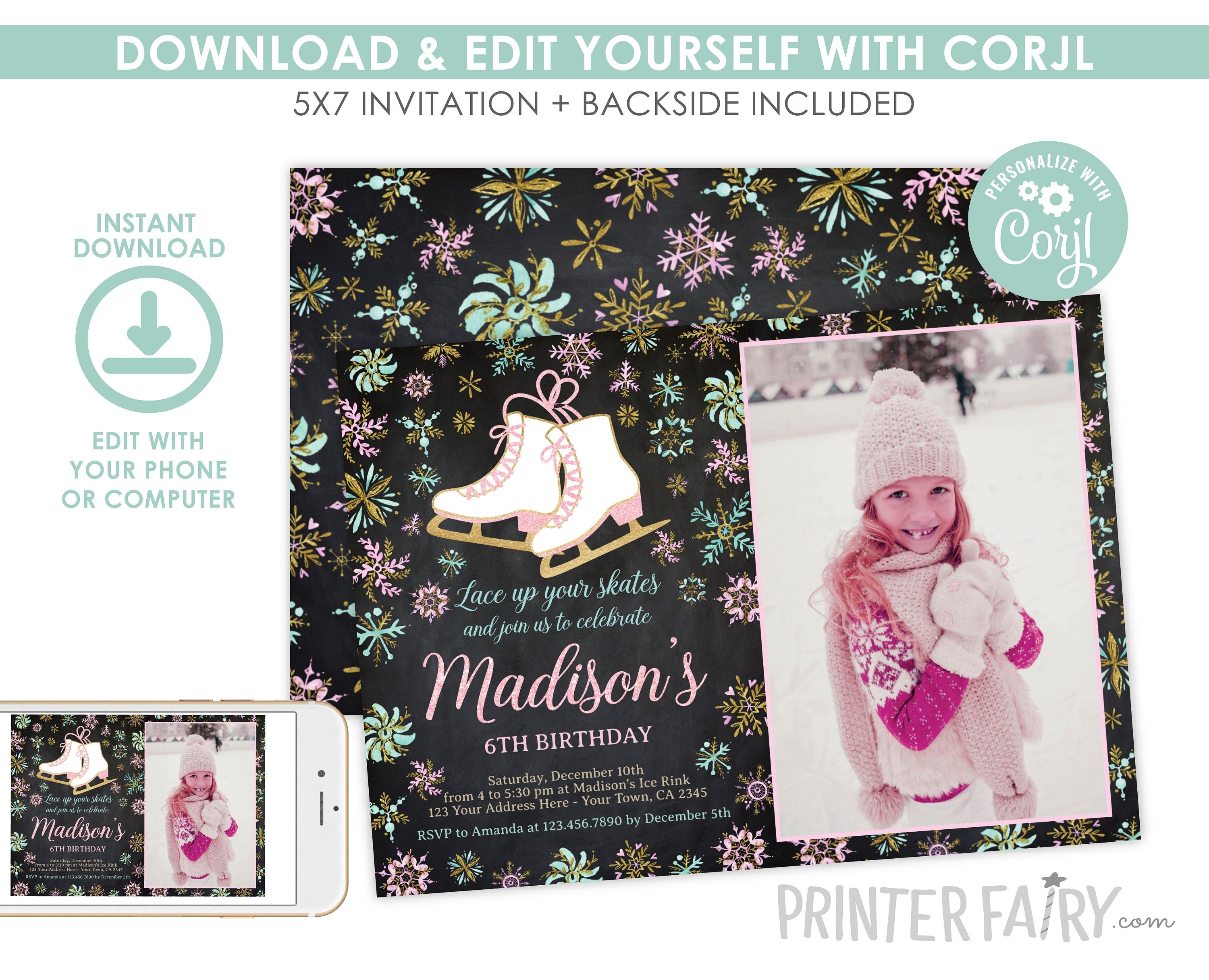Ice Skating Birthday Invitation, Winter Party (EDITABLE INSTANT DOWNLOAD)