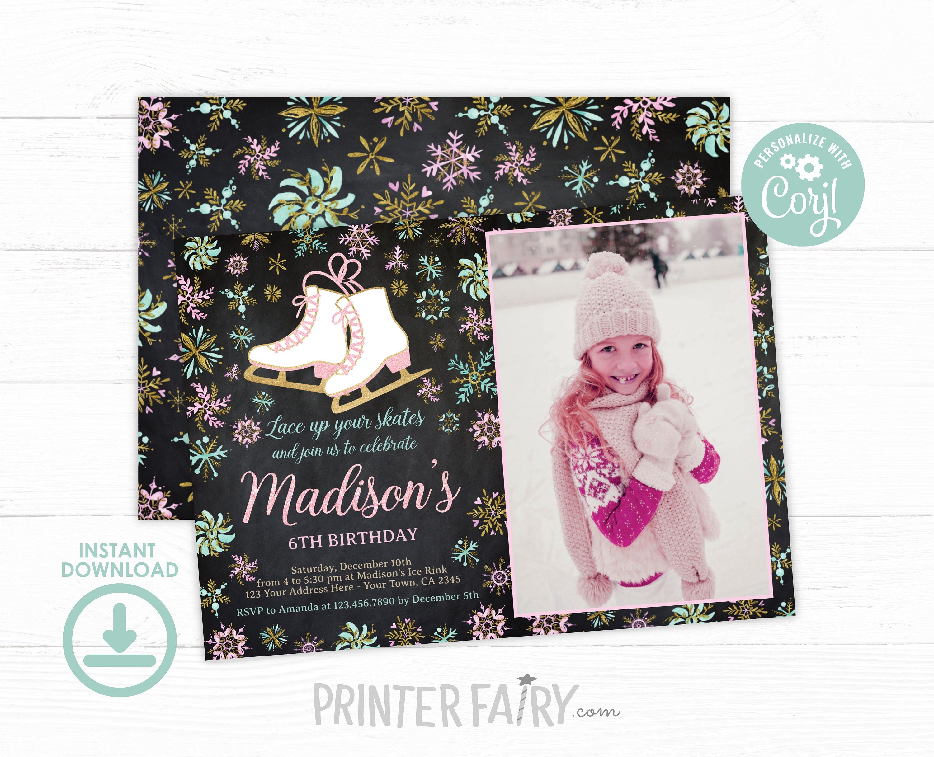 Ice Skating Birthday Invitation, Winter Party (EDITABLE INSTANT DOWNLOAD)