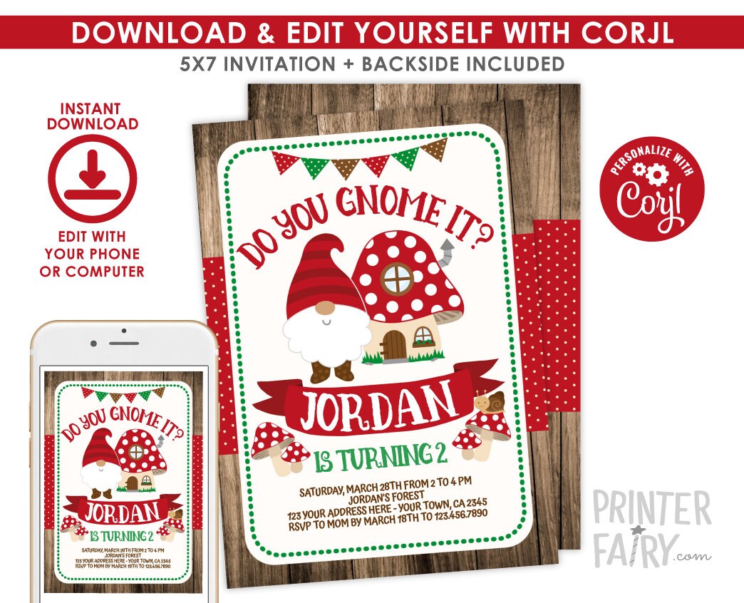 Woodland Gnome Birthday Invitation, EDITABLE (Digital Invitation)