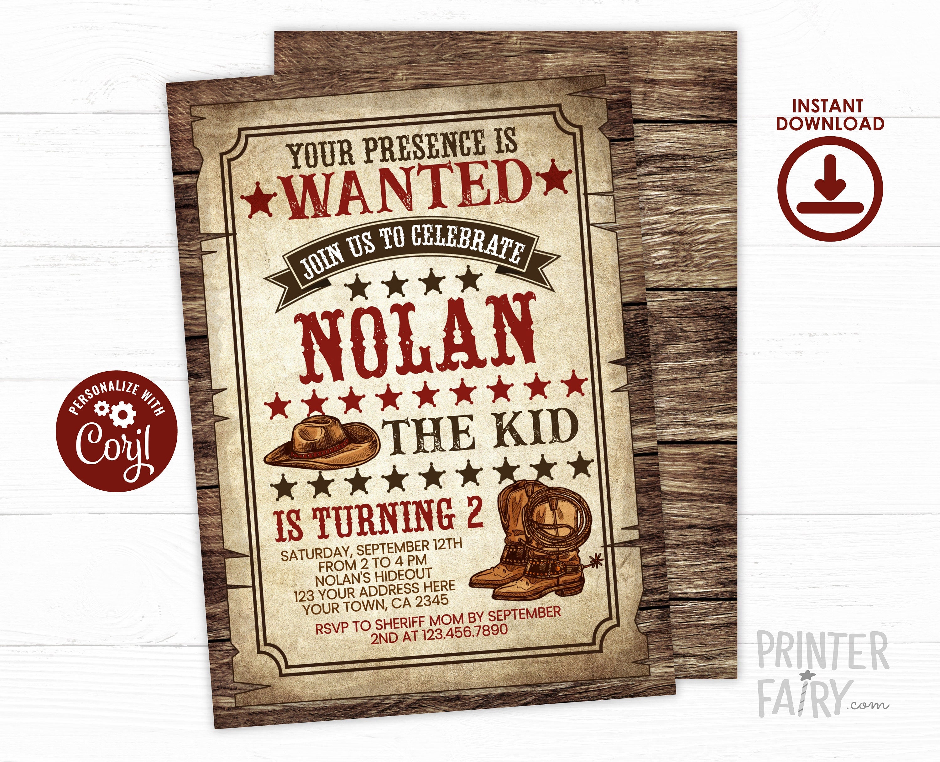 Editable Wanted Poster Invitation, Wild West Birthday (Digital Download)