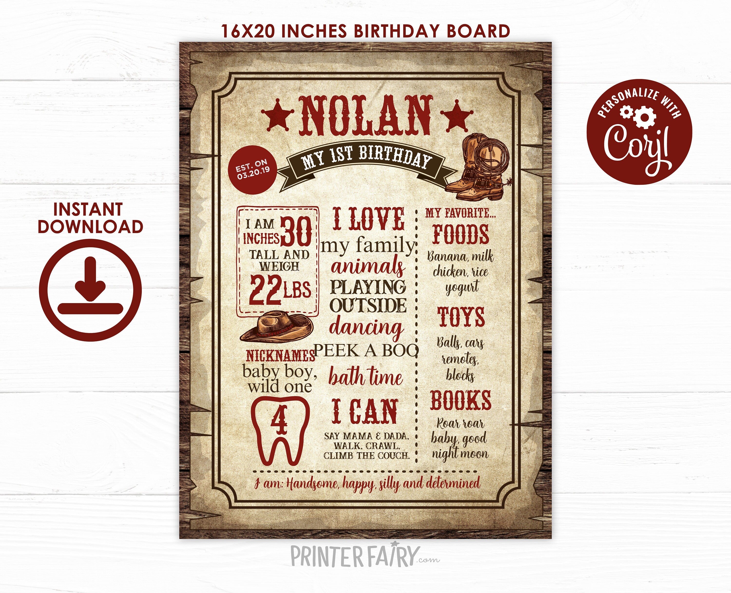 Western Birthday Milestones Board, Cowboy First Rodeo (INSTANT DOWNLOAD)
