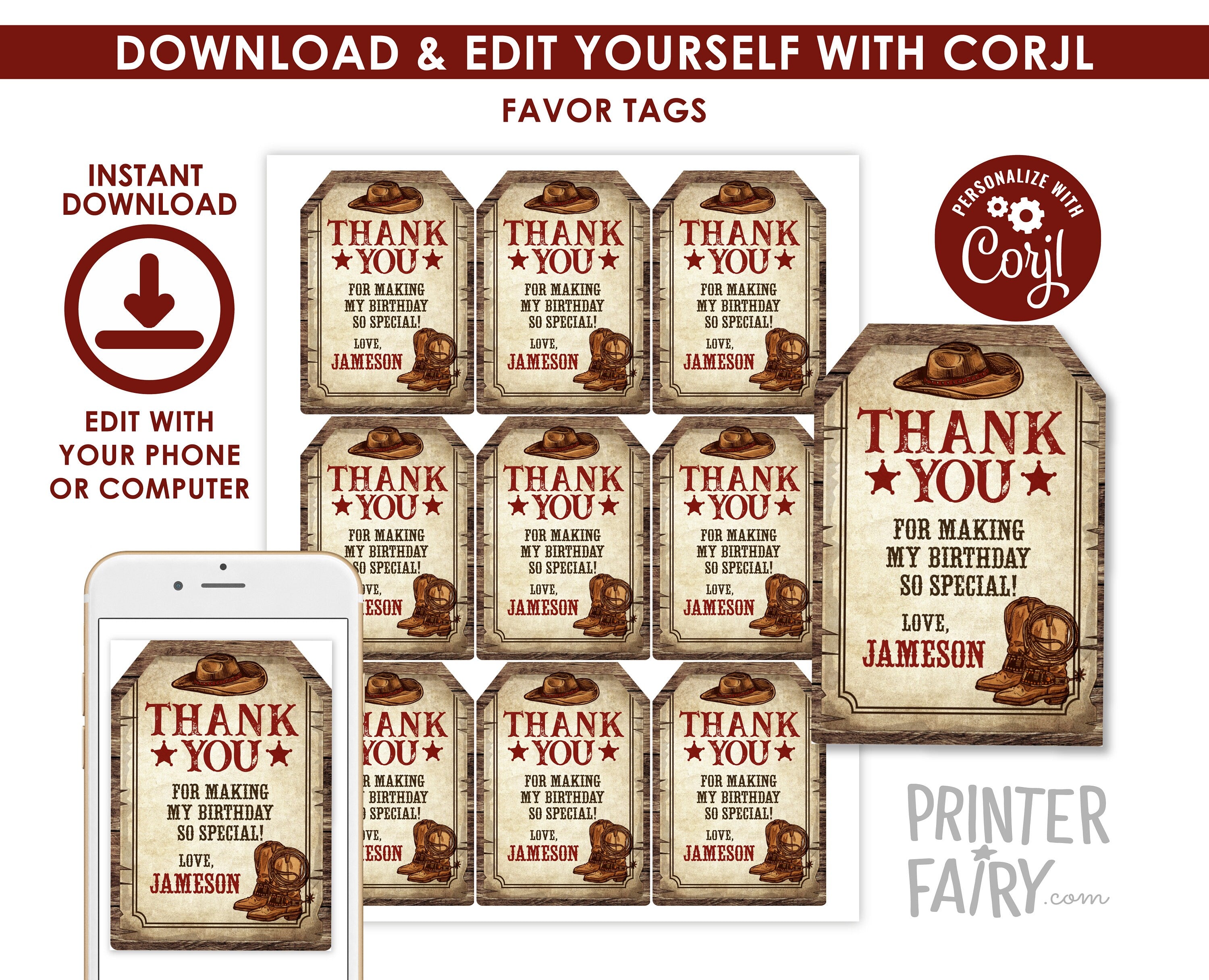 Western Birthday Thank You Tags, Cowboy Party (Digital Download)