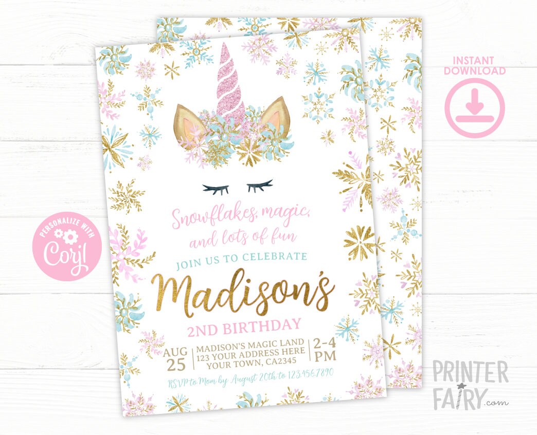 Editable Unicorn Birthday Invitation, Winter Snowflake Party (Instant Download)