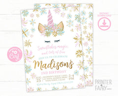 Editable Unicorn Birthday Invitation, Winter Snowflake Party (Instant Download)
