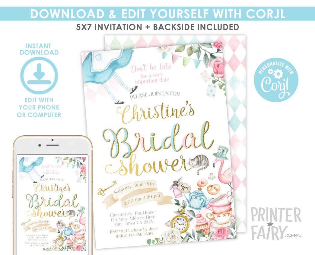 Alice in Wonderland Bridal Shower Invitation, Tea Party (Editable, Instant Download)