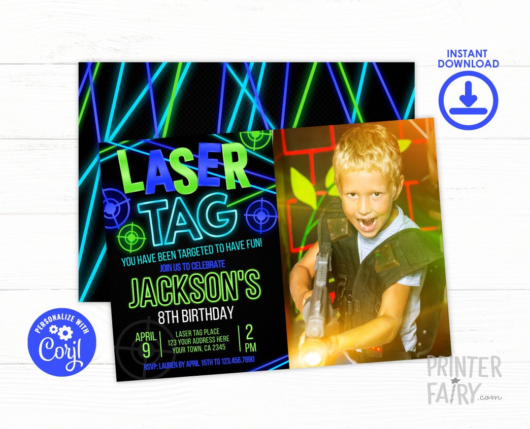 Laser Tag Birthday Invitation, Neon Glow, Editable Digital Invite