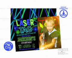 Laser Tag Birthday Invitation, Neon Glow, Editable Digital Invite