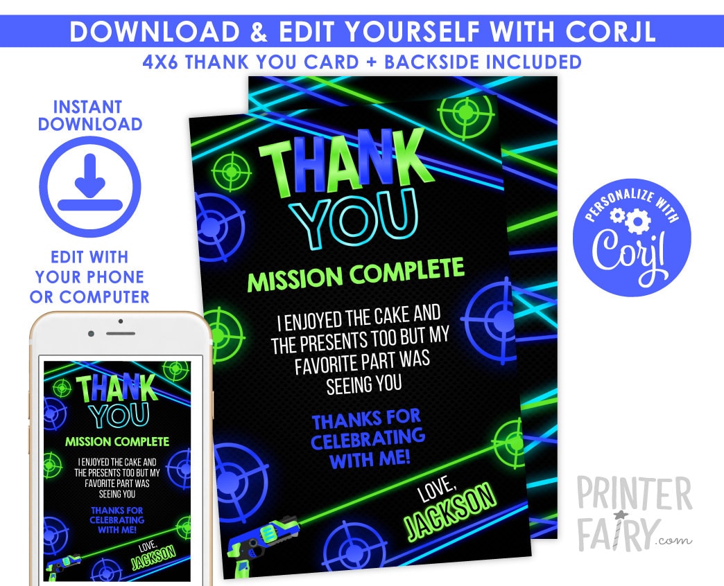 Laser Tag Thank You Card, Neon Glow Party, Editable (Instant Download)