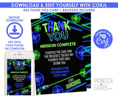 Laser Tag Thank You Card, Neon Glow Party, Editable (Instant Download)