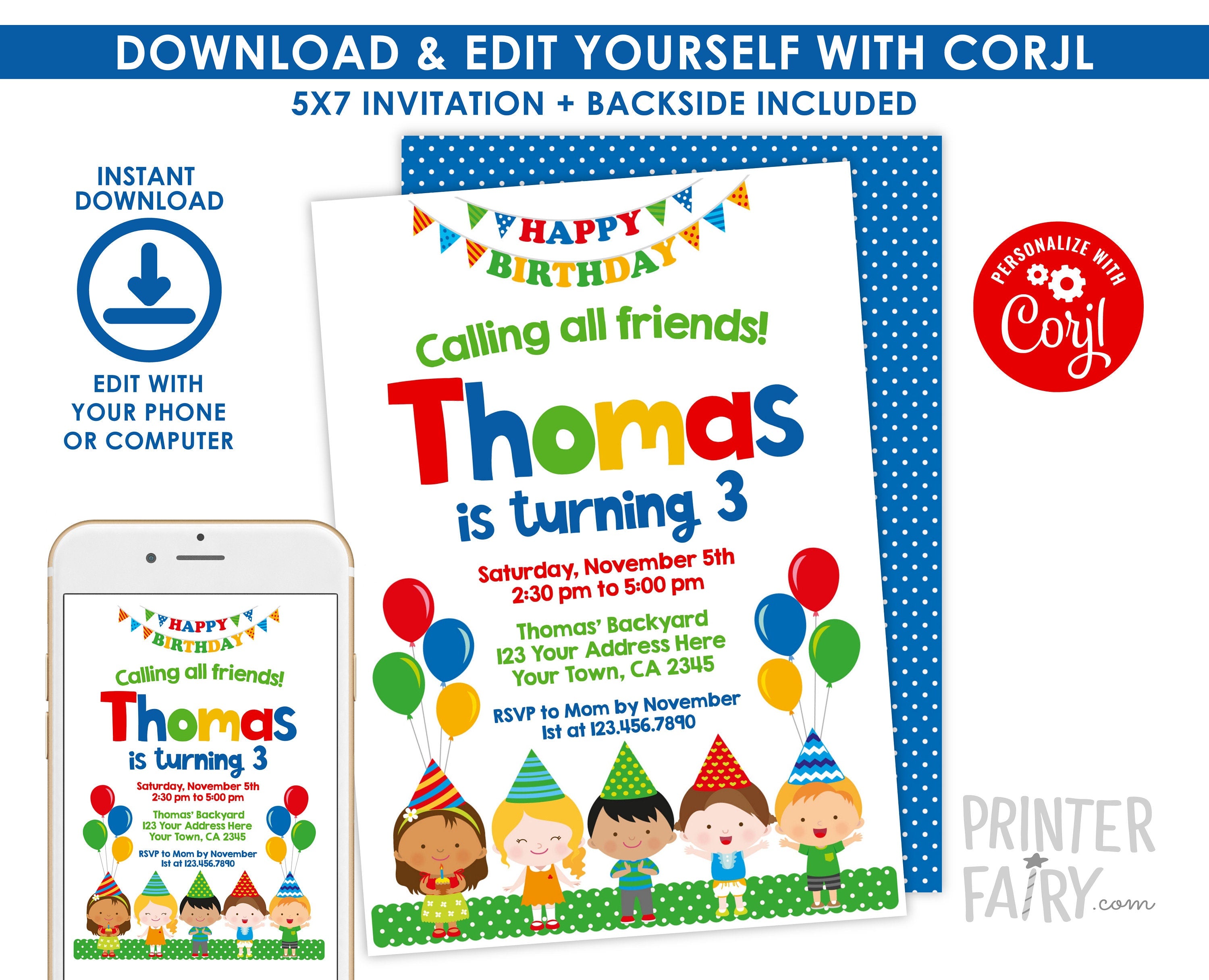 Birthday Party Invitation Editable Template, Instant Download