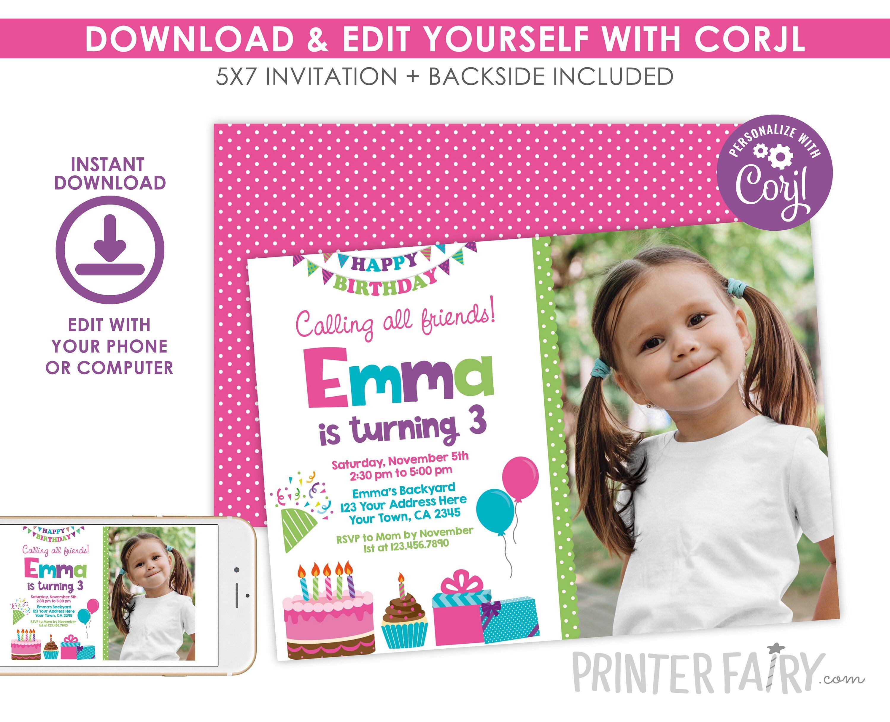 Birthday Party Invitation Editable Cupcake Party Template with Photo, Instant Download
