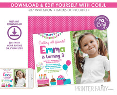 Birthday Party Invitation Editable Cupcake Party Template with Photo, Instant Download