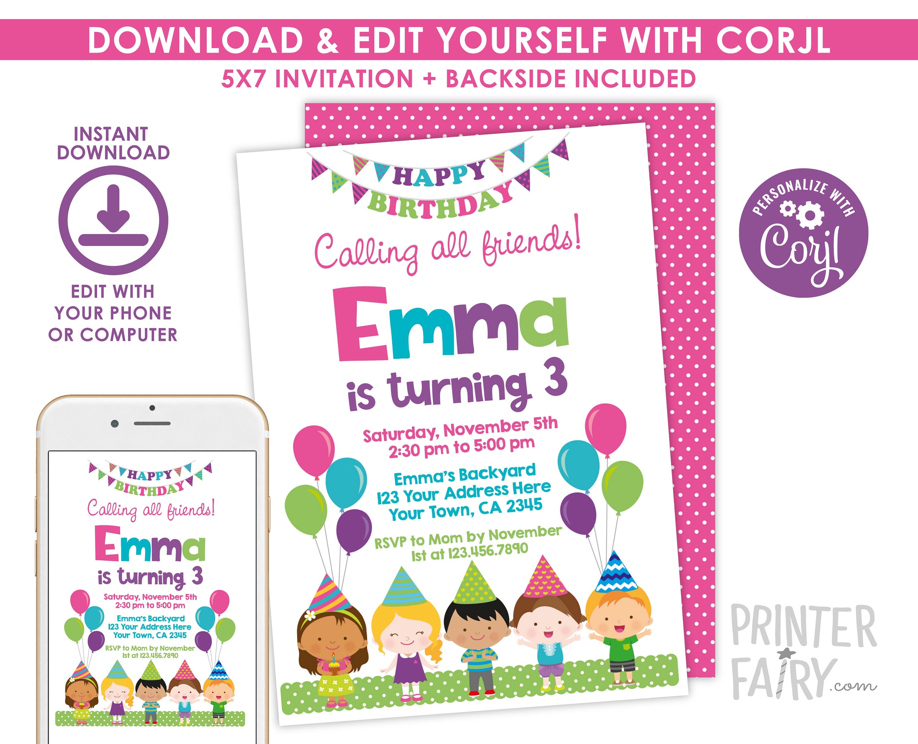 Editable Girl Birthday Invitation Template for Any Age, No Theme Birthday Invite, INSTANT DOWNLOAD