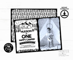 Happy Camper 1st Birthday Photo Invitation, Editable Summer Camp (INSTANT DOWNLOAD)