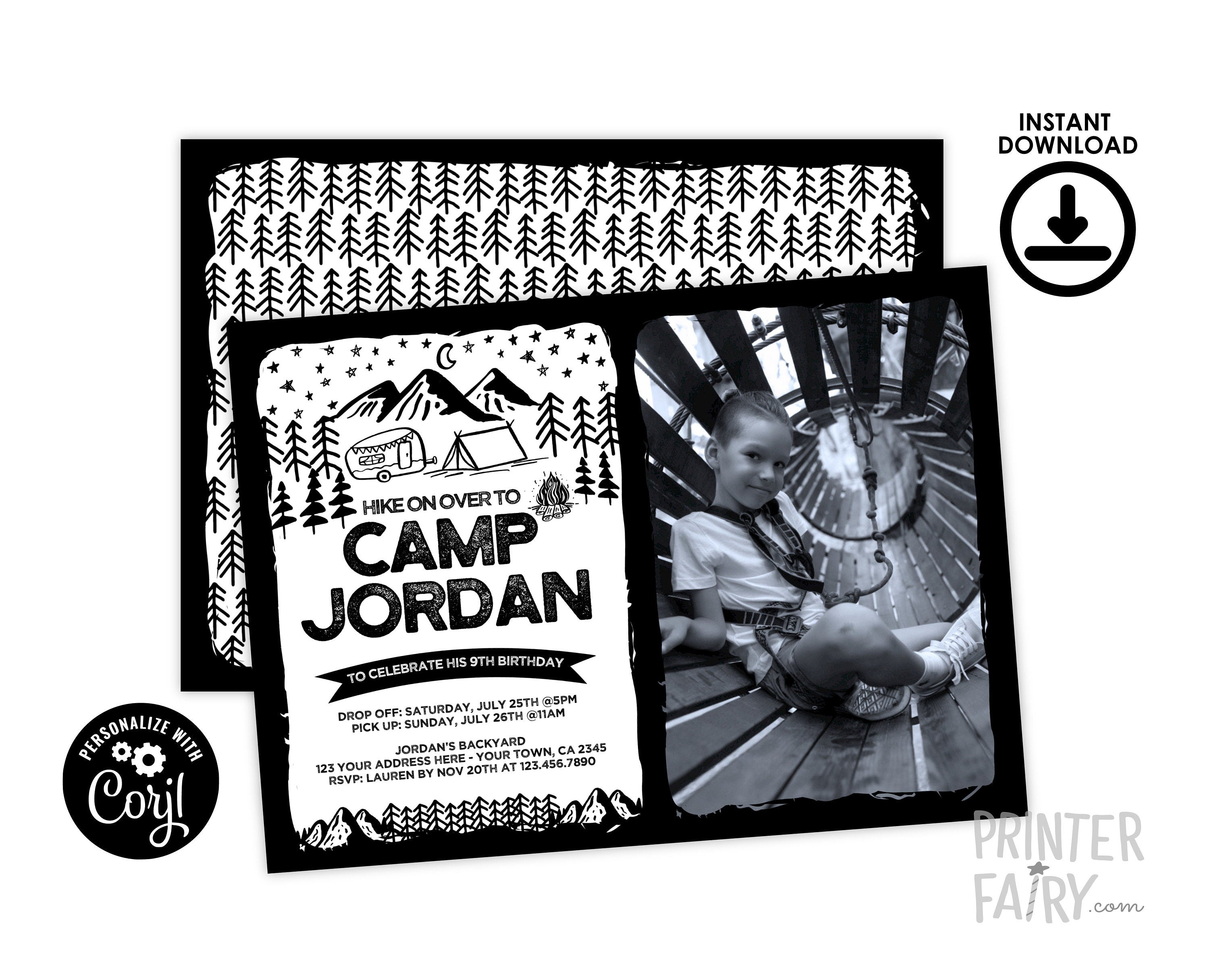 Editable Photo Camping Birthday Invitation, Black & White (Instant Download)