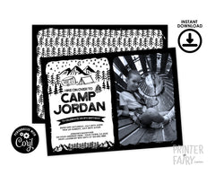 Editable Photo Camping Birthday Invitation, Black & White (Instant Download)