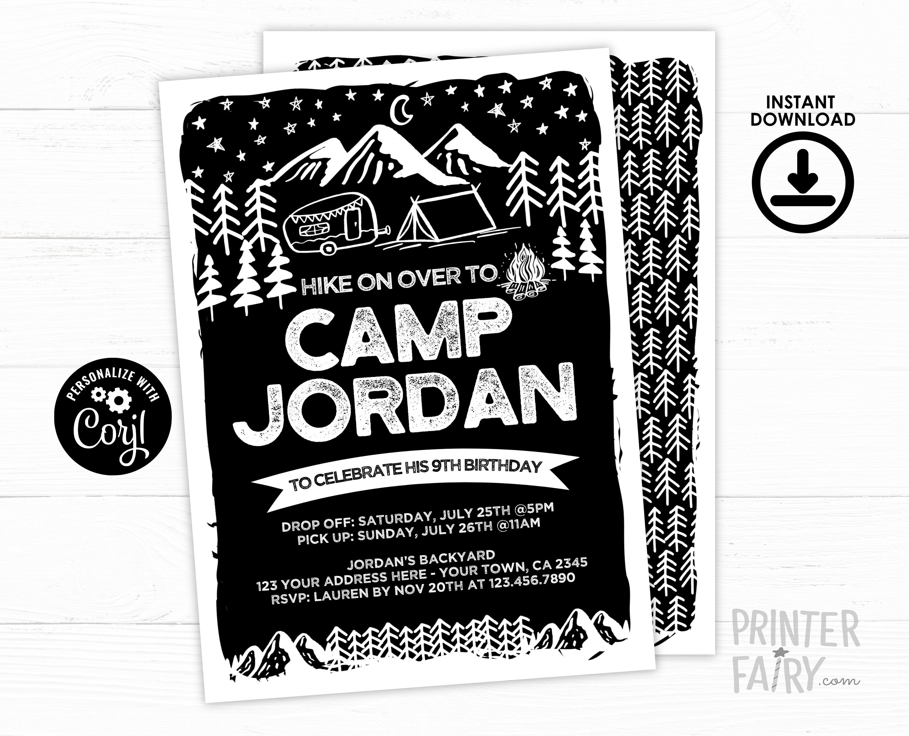 Camping Birthday Invitation, Editable Black & White (Instant Download)