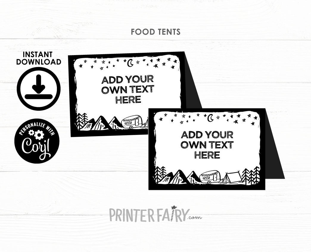 Camping Food Tents, Happy Camper Birthday, Editable Place Cards (Instant Download)