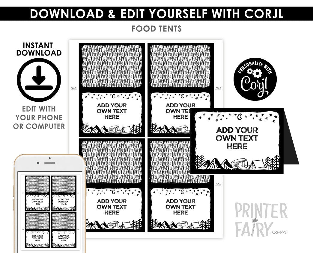Camping Food Tents, Happy Camper Birthday, Editable Place Cards (Instant Download)