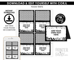 Camping Food Tents, Happy Camper Birthday, Editable Place Cards (Instant Download)