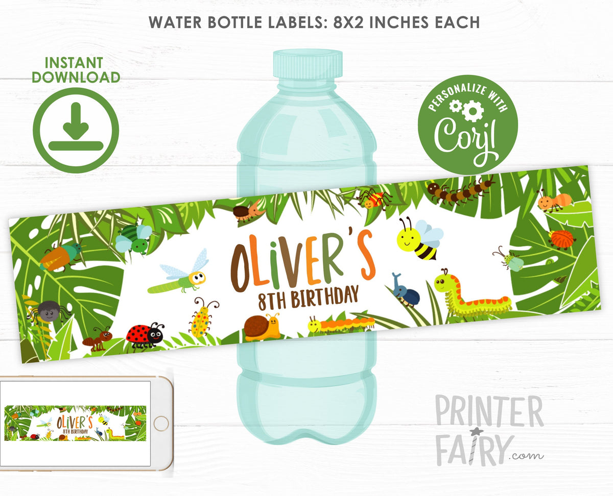 Insects Birthday Party Water Bottle Labels (Digital Download)