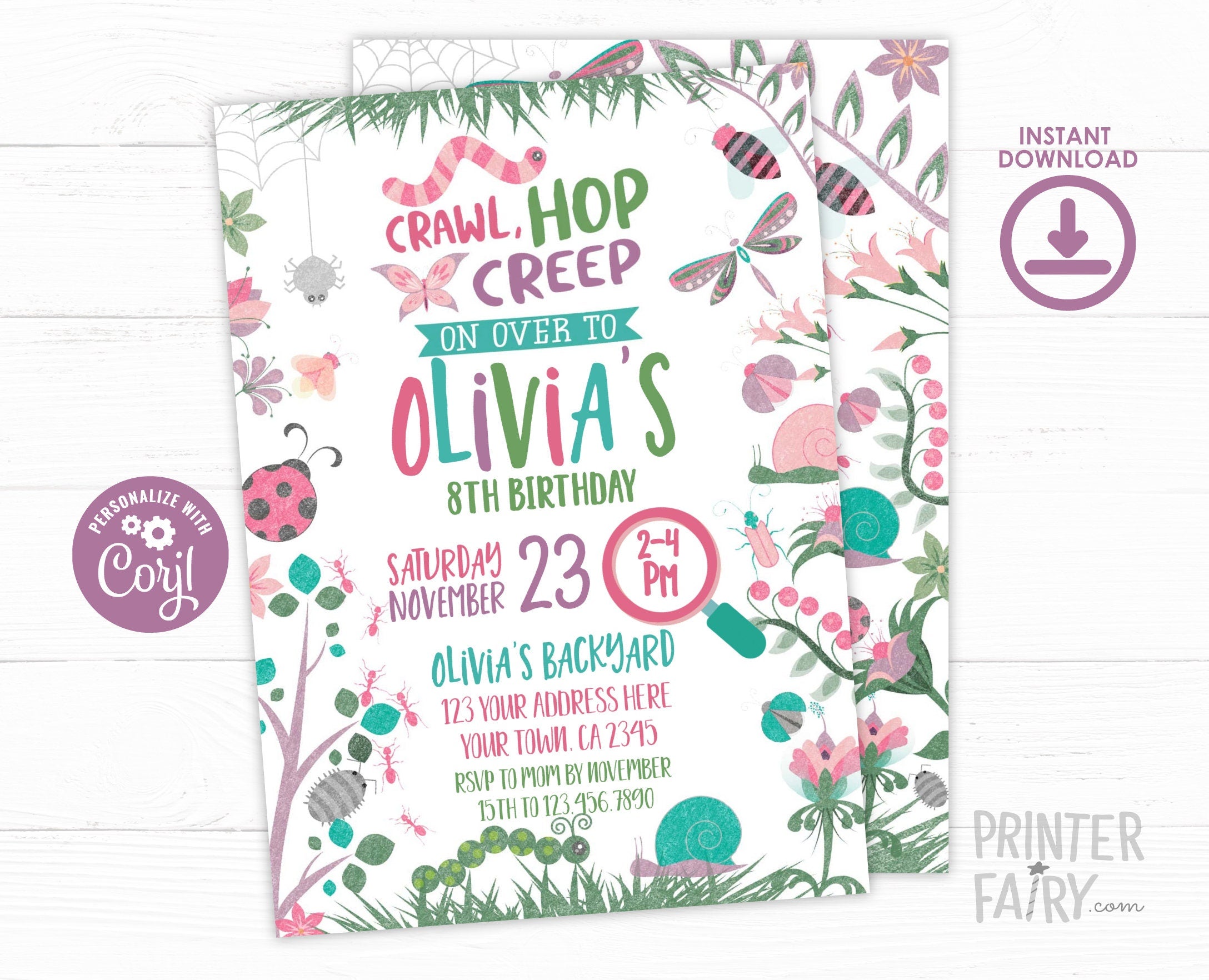 Bugs Birthday Invitation, Garden Party, EDITABLE (Digital Download)