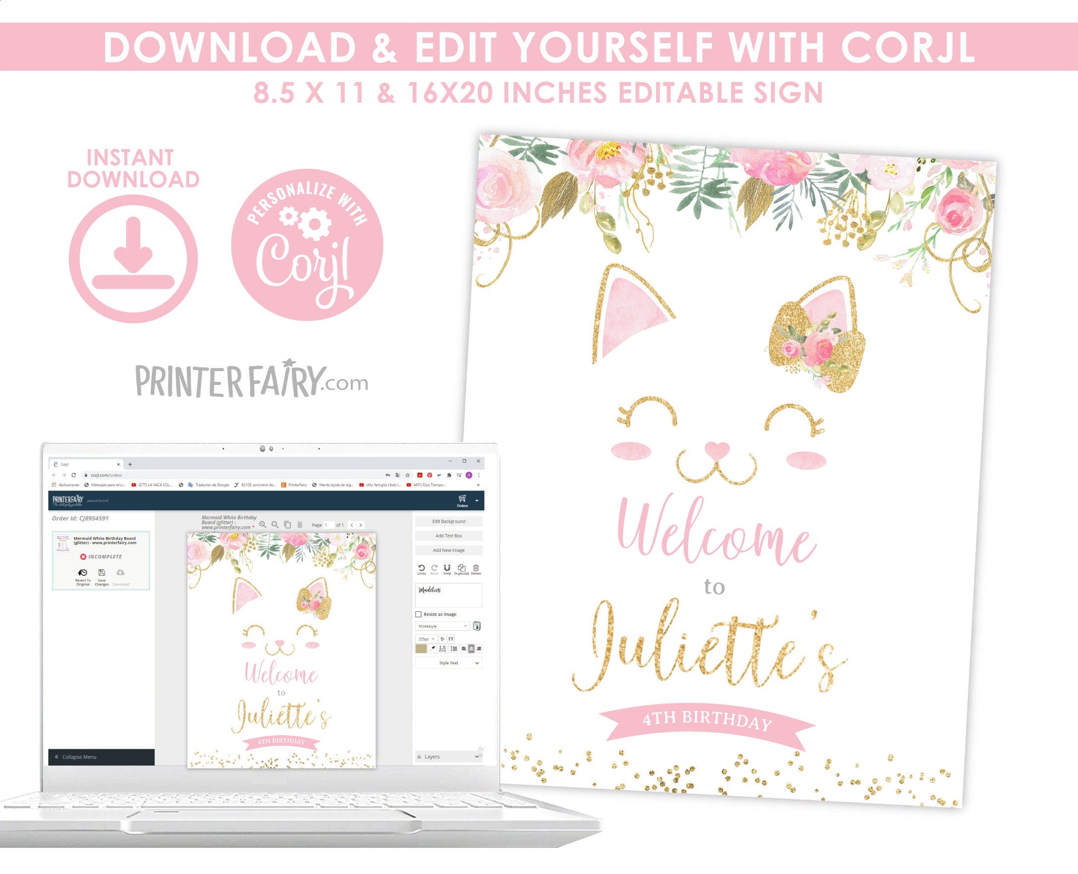 Floral Kitty Welcome Sign, Editable Birthday Party Decor (Instant Download)