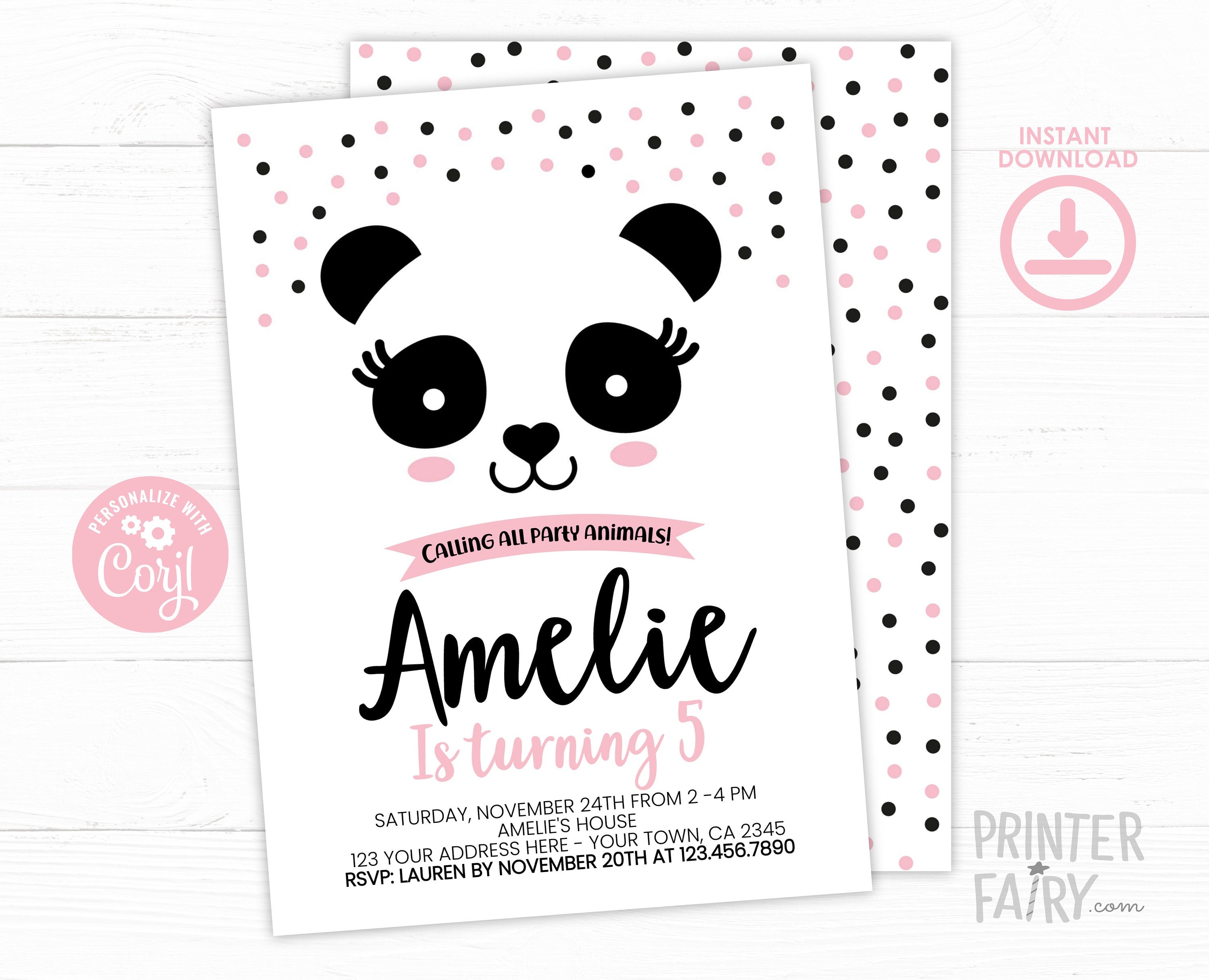 Panda Birthday Invitation Editable Template, Pink and Black, INSTANT DOWNLOAD