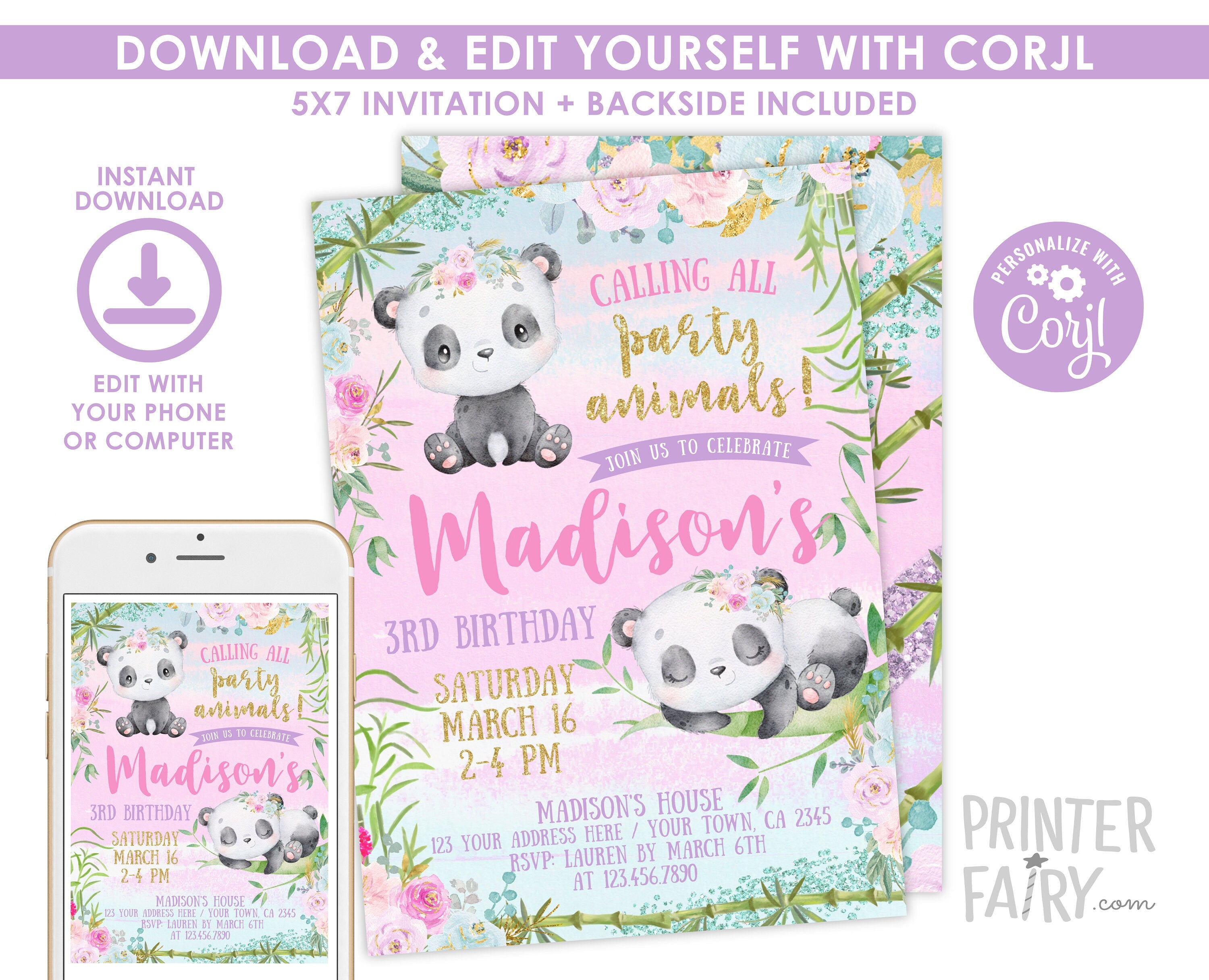 Panda Girl Birthday Invitation Editable Template for any age and any wording, INSTANT DOWNLOAD
