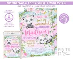 Panda Girl Birthday Invitation Editable Template for any age and any wording, INSTANT DOWNLOAD