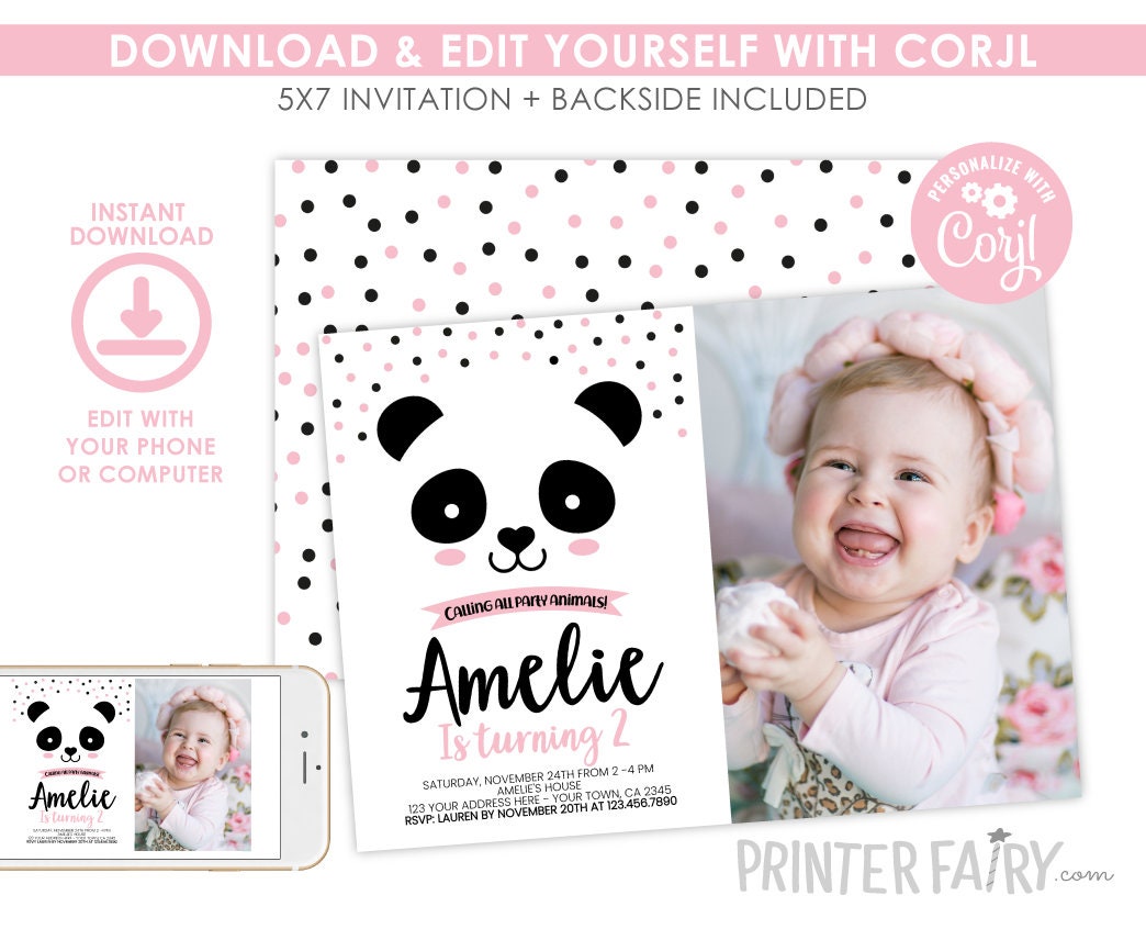 Panda Birthday Invitation with Photo, Black, White & Pink (Digital Invite)