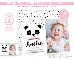 Panda Birthday Invitation with Photo, Black, White & Pink (Digital Invite)